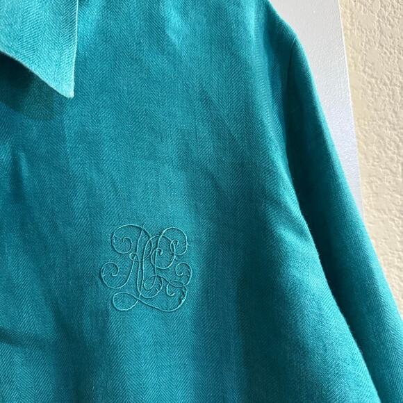 Lauren Ralph Lauren 100% Linen Button Up Women’s Shirt Embroidered Logo Teal 2X - Picture 3 of 7